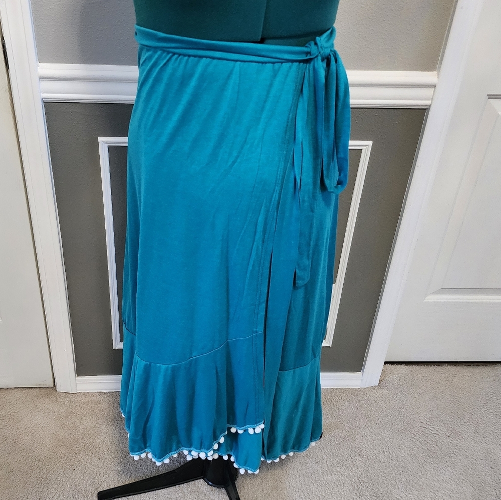 Teal Wrap Skirt with Pom Pom Trim